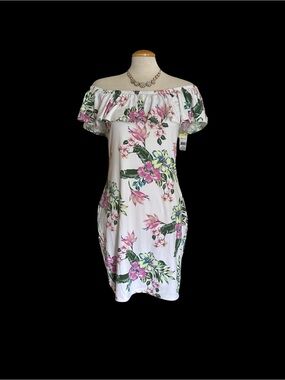 Joe Boxer White Off Shoulder Tropical Floral Ruffle Dress